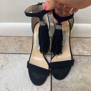 Jimmy Choo Black Heeled Sandals with Tassels